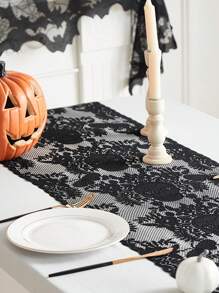 200/180cm Black Lace Skull Print Table Runner, Spider Web Table Runner, 30*45cm Skull Shaped Polyester Square Tablecloth For Decor, Horror Theme Bar Decoration, Home Decor, Wedding Party Decoration, Theme Party Table Decor