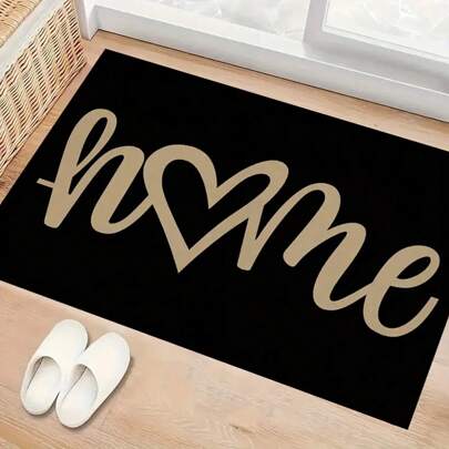 1pc "Welcome" Heart-Shaped Doormat - Machine Washable, Black With Golden Calligraphy, Ideal For Entryway, Kitchen, Living Room & Bedroom Decor, Polyester Fiber, Rectangular Shape, Doormat For Front,Outdoor Garden Decorative Mats Bathroom Kitchen Decor Kitchen Rug