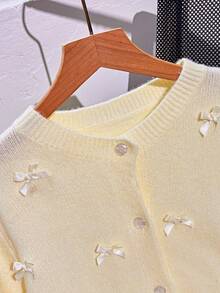 Feminine Bow-Tie Knitted Cardigan For Women, Soft And Fluffy, Autumn And Winter, Round Neck, Casual And Versatile - Yellow - View 4