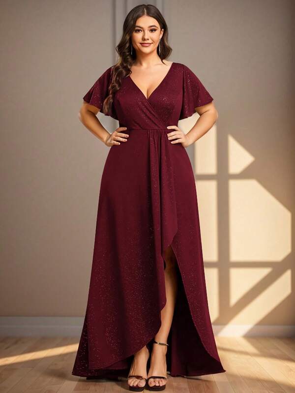 Plus Size Elegant V-Neck Ruffle Sleeve Glitter Fabric Asymmetric Hem Evening Dress For Dinner Party Wedding Guest