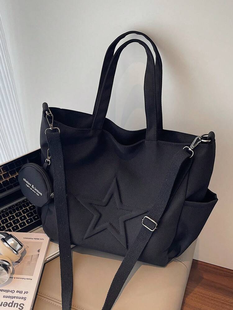 Nuova borsa a tracolla casual di tela alla moda con motivo a stelle e tasche multiple, inclusa una borsa portamonete - nero - Visualizzare 7