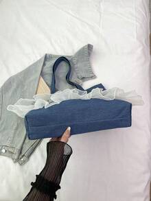 极简风格毛边字母设计牛仔帆布托特包，纯色大容量单肩包，适合女性日常使用，上班通勤书包，返校背包，经典休闲，轻便，便携，行李带设计，适合少女女大学生，非常适合返校、大学、初中、高中、开学第一天，女士西式钱包