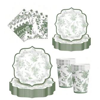 10pcs/20pcs/50pcs/Set,Green Disposable Plate Floral Green White Paper Dessert Disposable Dinner Plate Suit 9 Inch 7 Inch Paper Plate Paper Towel Paper Cup Birthday Wedding Bridal Tea Party Supplies(Green Floral)