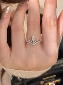 Sanrio 1PC Adjustable V-Shaped Drill Crown Drop Zirconia Ring - Luxe Vintage Elegance, Perfect For Daily Wear & Valentine's Day Gift For Her