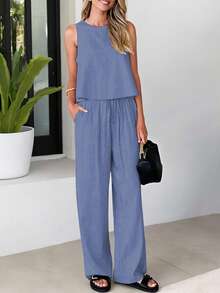 女士夏季亚麻两件套西装，无袖上衣和带口袋的松紧腰裤，时尚休闲套装适合休闲旅行和日常通勤 - 藏蓝色 - 查看 2
