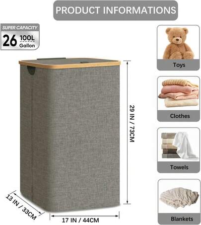 COSANSYS 2025 100L Laundry Basket With Lid, Clothes Hampers For Laundry With Bamboo Handles And A Removable Laundry Bag, Large Foldable Laundry Hamper For Bedroom, Bathroom, Dorm, Laundry Room, Grey