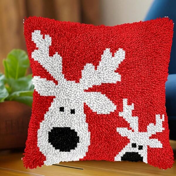 DIY Lock Hook Pillowcase Kit - Christmas Deer Design Handmade Cross Embroidery Mat With Yarn, Thread, And Tool Fabric Four Seasons Craftsmanship Set