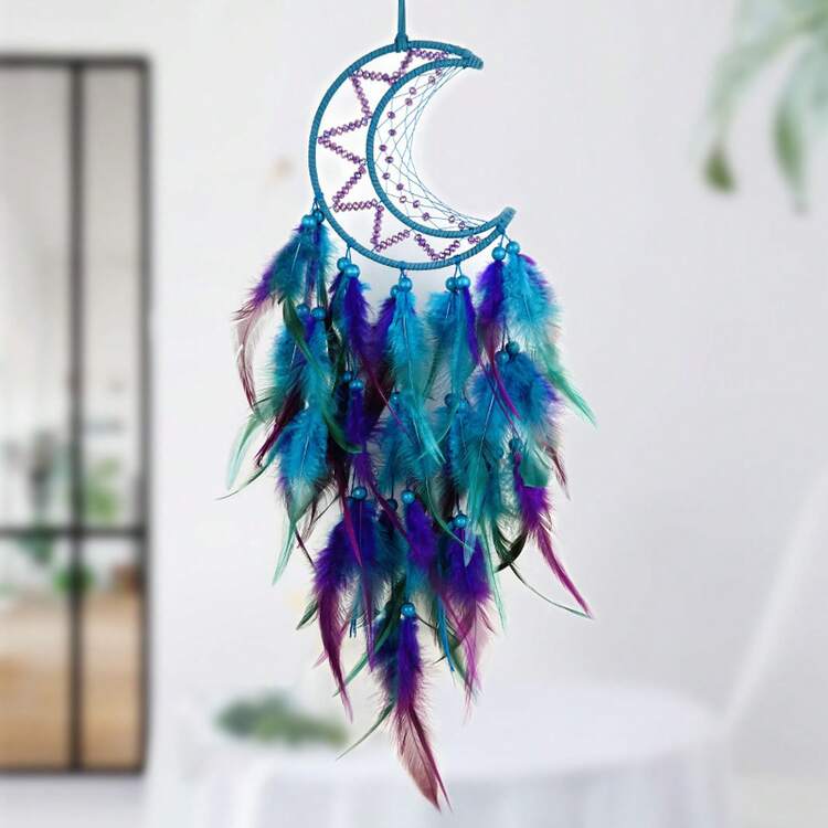 Atrapasueños colgante con forma de luna, tela de araña tejida a mano, colgante de plumas, ornamento de campanilla de viento - Tribu Luna - Azul y Morado - Añade 6