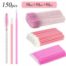 300/150pcs Disposable Makeup Brush Set - Eyelash Brush, Lip Brush, Eyelash Microswabs, Travel-Friendly Beauty Tools, Professional Cosmetic Kit, Eyelash Extension Tools Kit, For Women Face & Eyes, For Making Up Supply, For Mascara, Eye Shadow, Lipstick, Black, Pink