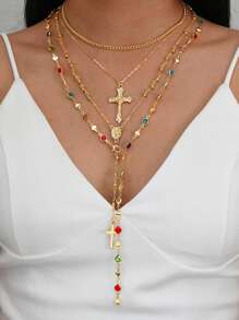 4pcs/Set Layered Summer Bohemian Cross & Virgin Mary Beaded Necklace, Suitable For Vacation, Prayer, Baptism Wearing