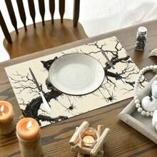 Juego de 1/2/4/6 individuales, estilo de gato negro de Halloween, con patrón de murciélago, tamaño 30x45 centímetros. Los individuales de poliéster de Halloween son adecuados para cocinas/manteles resistentes al calor del hogar, fáciles de limpiar y son accesorios ideales para mesas de cocina del hogar. Son adecuados para reuniones familiares y ocasiones interiores y son la mejor opción para la decoración de Halloween.