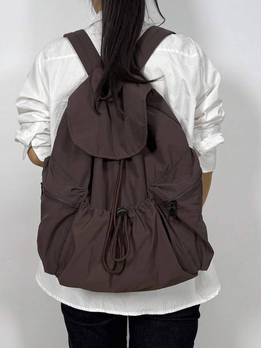 JIANSHANGGUSHI 2026 New Drawstring Pleated Casual Backpack, Large Capacity, Practical For Students, , Water-Resistant Nylon, Multiple Colors Available, Back To School - Coffee - View 1