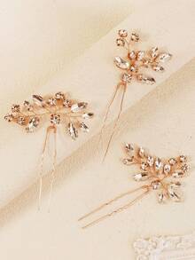 3件套水晶婚礼发饰套装，手工水钻新娘发夹，伴娘发饰 - 金色 - 查看 6