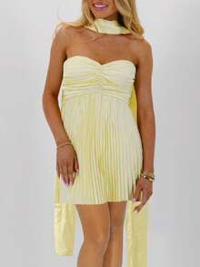 Women Y2K Pleated Strapless Mini Dress Silk Satin Ruffle Short Dress Scarf A Line Tube Dresses Beach Clubwear - Yellow - View 1