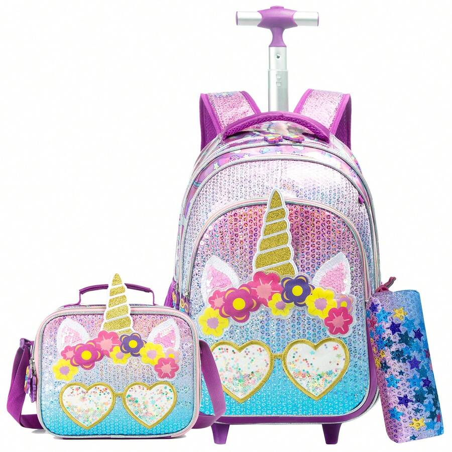 3PCS Girls Rolling Backpack Cute Rolling Backpacks With Wheels For Girls For Elementary School Bag Back To School Back To School - Silver 13301T - View 1