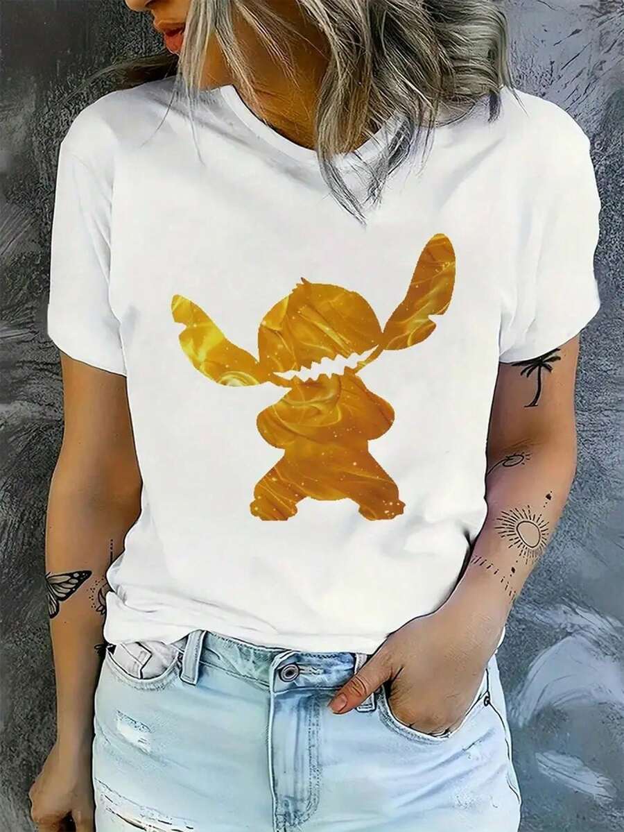 Women's Casual Short Sleeve T-Shirt - Cute Cartoon Characters And Floral Print, Soft Stretch Crew Neck Tee, Machine Washable, Playful Graphics, Premium Casual Wear - 白色 - 查看 1