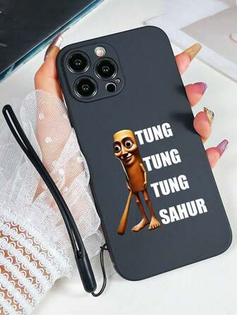1pc Black TPU "Tung Tung Tung Tung Sahur #Shanhaijing I# Abstract Wooden Man Pattern Shockproof Phone Case And 1pc Black Silicone Wrist Strap Compatible With Matching Phone Case/Interesting Phone Case