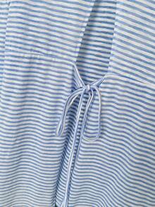 露背系带蓝条纹长袖休闲宽松薄款夏季上衣 - 藍色 - 查看 8