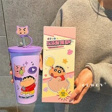 635ml/21oz Crayon Shin Chan Doll Thermos Cup Insulation Bottle Anime Cartoon Large-Capacity Desktop Straw Cup Stainless Steel Coffee Mug Tumbler Birthday Gifts - Purple - View 6