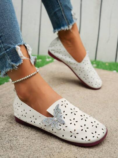 Zapatos planos blancos sin cordones para mujer con decoración de mariposa con diamantes de imitación y puntera redonda, nuevos para primavera y otoño 2025, de color liso, sencillos, casuales, cómodos y antideslizantes, apropiados para uso exterior