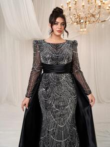 YISIKADO Đầm dạ hội sang trọng cỡ lớn dành cho nữ, đầm dự tiệc prom, đầm dạ tiệc đính sequin và hạt cườm, cổ tròn, tay dài, chất liệu lưới phối satin, đầm dự đám cưới, đầm dự lễ tốt nghiệp, tiệc chiêu đãi, lễ kỷ niệm, đầm màu đen mùa xuân - màu đen - Xem 7