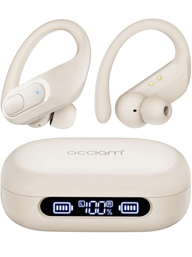 T9 真无线耳机，超长续航，运动耳机，强劲低音，适合跑步、健身、看电视等场景，耳挂式设计 - 米色 - 查看 1