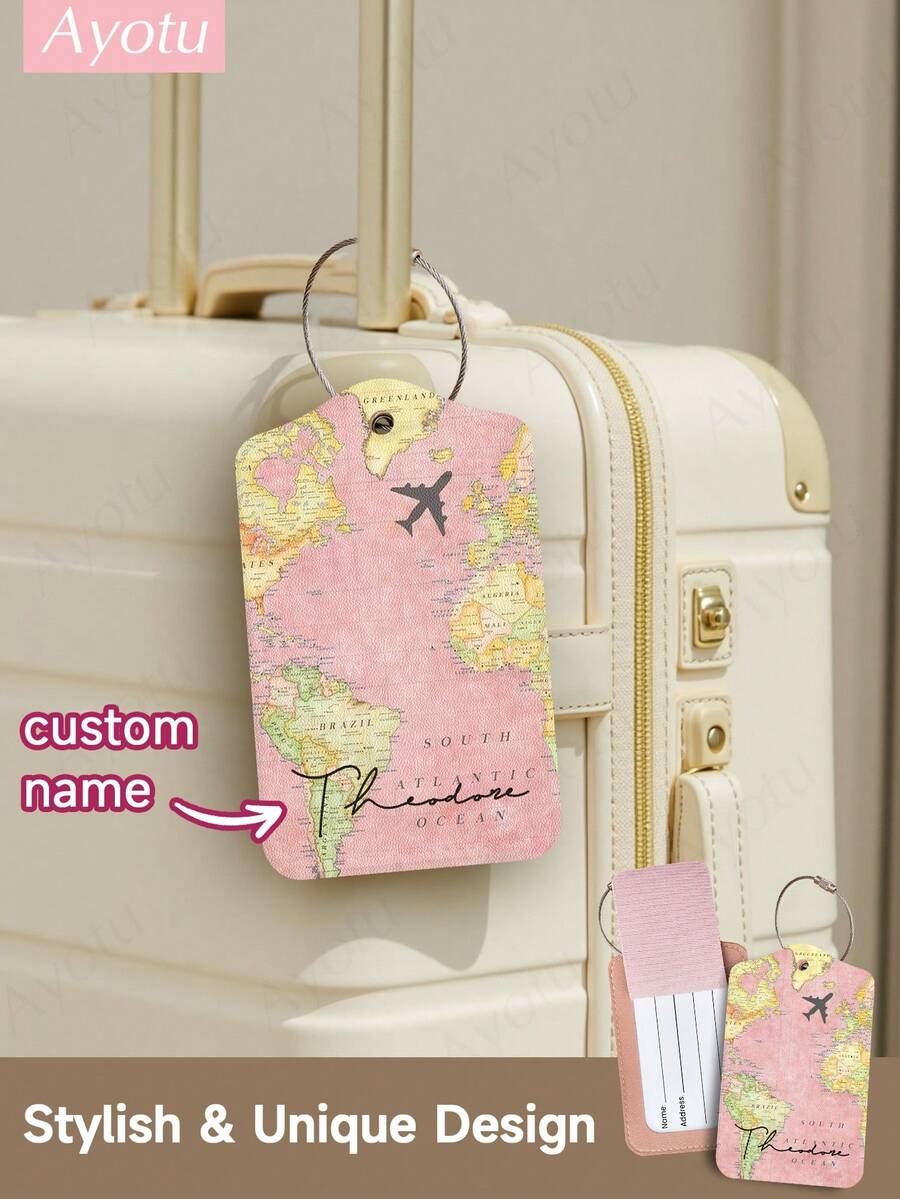Ayotu Customized Airplane Map Pattern Luggage Tag (Can Be Customized With Name And Text), Travel Cruise Luggage Label, Backpack, Handbag And Schoolbag Label, Personalized Card Holder, Business ID Travel Tag, Essential For Group Travel, Activities And Company Trips, Creative Valentine's Day, Birthday And Holiday Gift - Multicolor - View 1