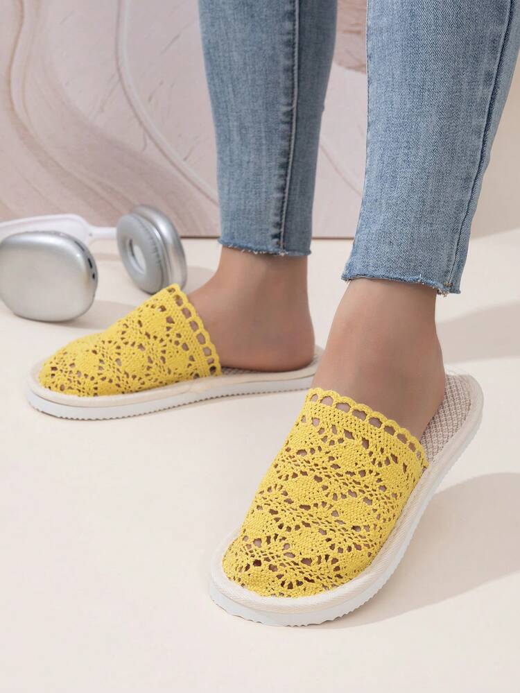 Pantoufles en lin tricotées en dentelle pour femmes, confortables, silencieuses, respirantes et ajourées, pantoufles d'intérieur pour couple, convenant à toutes les saisons - Jaune citron - Voir 2