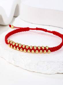 1pc Double Strand Smooth Pearl Women's Handmade Braided Rope Bracelet/Chinese Knot Bracelet, Bright Red