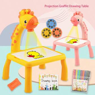 Set de juguete multifuncional de pizarra de proyección para dibujo infantil, caballete, escritorio de pintura, educativo preescolar con luz LED, 12 pinceles de acuarela, cuaderno de bocetos y un diseño de ciervo de dibujos animados, apto para niños y niñas de 3+ años, color aleatorio