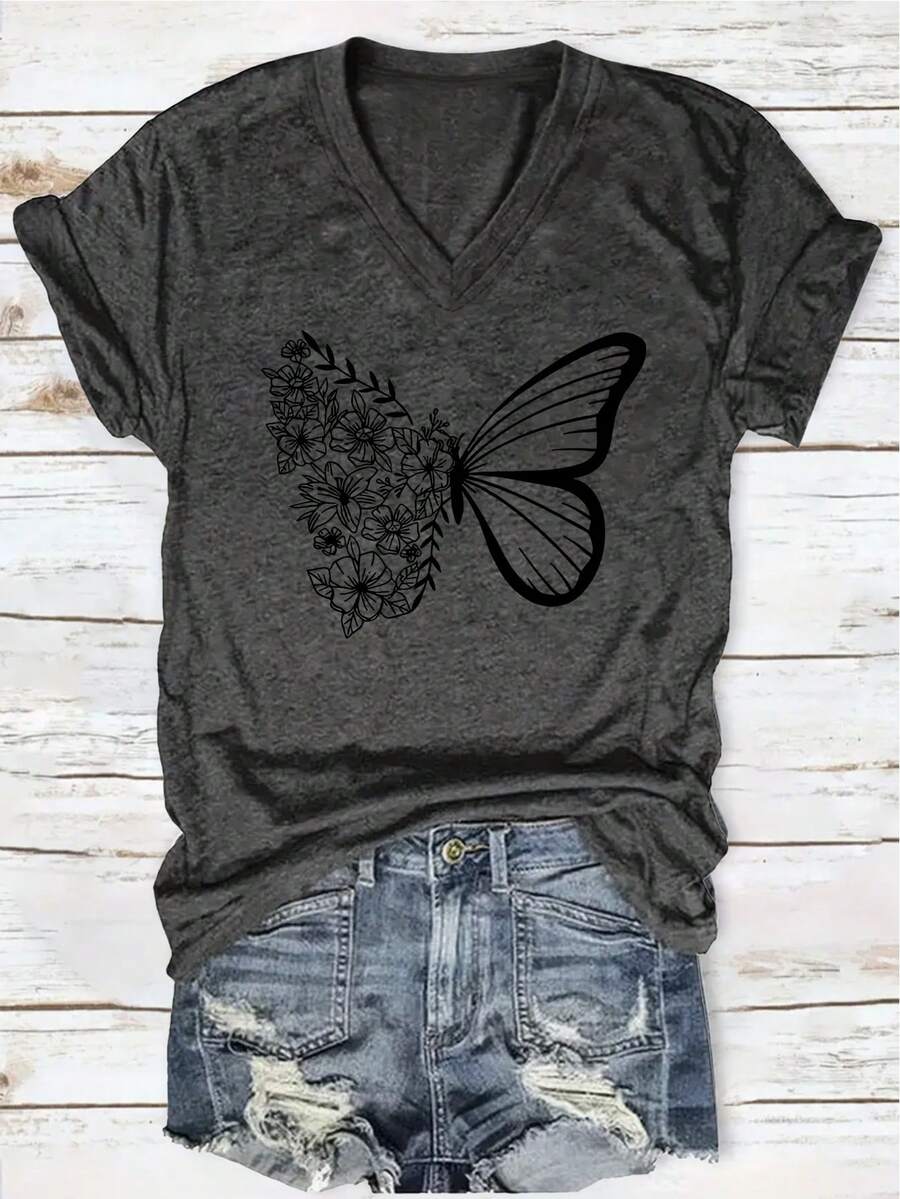 Ladies Casual Printed V-Neck T-Shirt, Short Sleeve Casual Women's Tops For Summer And Spring, Women's Clothing, Perfect For Holidays And Gifts! - 深灰色 - 查看 1
