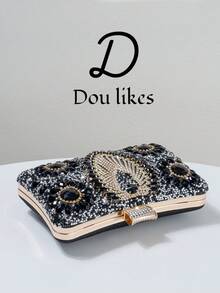 Black Rhinestone Embellished Women's Evening Bag, Featuring Elegant Chunky Pearls, Exuding A Sophisticated And Luxurious Vibe. Suitable For Formal Occasions, Cocktail Parties, Galas, And Weddings. Can Be Paired With Evening Gowns, Bridesmaid Dresses, And Accessorized With Shoulder, Crossbody, Or Chain Strap Handbags.