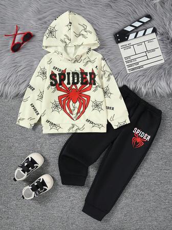 2 件套年轻男孩蜘蛛网全身印花长袖连帽运动衫和直筒裤套装，秋冬