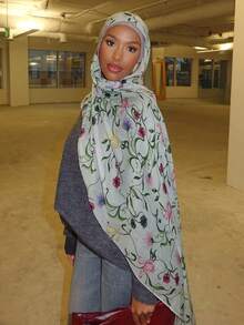 1pc Floral Printed Hijab, Fashionable Elegant Boho Style Scarf For Women, Lightweight Headwrap Suitable For Daily Wear And Abaya For Dress - Light Blue - View 5