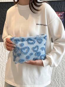 时尚绗缝格子加厚化妆包，休闲手拿包，温暖羽绒填充小包，度假旅行必备品，暑假返校学校用品包，女士旅行包，旅行用品化妆包 - 藍色 - 查看 5