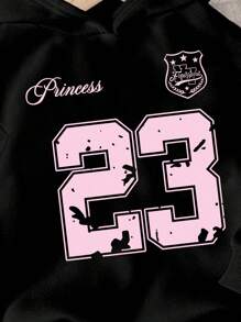 Girls Bow & Number Print Hooded Sweatshirt, Warm - Black - View 3