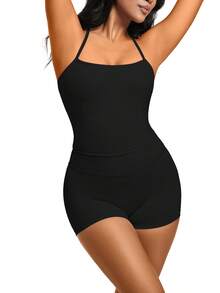 1 Pack Summer Women's Open Back Tracksuit Set Camisole Top High Waist Yoga Shorts Quick Dry Set Is Suitable For Holidays, Travel Work, Sports Wear - 黑色 - 查看 6