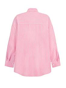 Look Polly Women's Valentine's Day Pink Striped Long Sleeve Shirt, Single-Breasted Casual Beach Fashion, Pocket Design, Suitable For Back To School Season, Retro Beach Style Women's Thanksgiving Shirt, Beach Fashion Women's Shirt - Pink - View 5