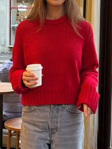 Women's New Autumn And Winter Back To School Sweater Casual Solid Color Simple Daily Short Style Round Neck Long-Sleeved Sweater