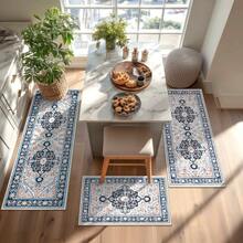 HEBE - Juego de 3 alfombras de cocina con diseño floral, antideslizantes, lavables, para cocina, oficina, fregadero, lavandería, decoración del hogar - Azul - Ver 4