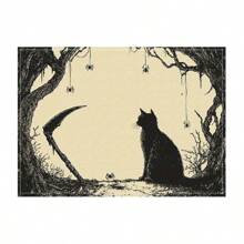 Juego de 1/2/4/6 individuales, estilo de gato negro de Halloween, con patrón de murciélago, tamaño 30x45 centímetros. Los individuales de poliéster de Halloween son adecuados para cocinas/manteles resistentes al calor del hogar, fáciles de limpiar y son accesorios ideales para mesas de cocina del hogar. Son adecuados para reuniones familiares y ocasiones interiores y son la mejor opción para la decoración de Halloween.