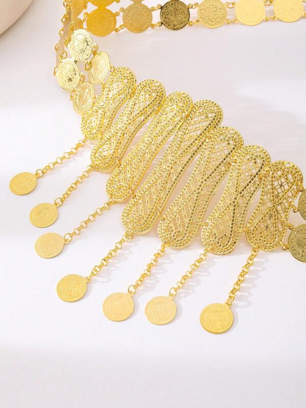1 Stück Damen goldfarbener Cut Out geschnitzter Taillengürtel mit arabisch-osmanischer Münze als Dekoration, Luxus Damen Abaya Taillenkette, Hochzeits-Accessoire