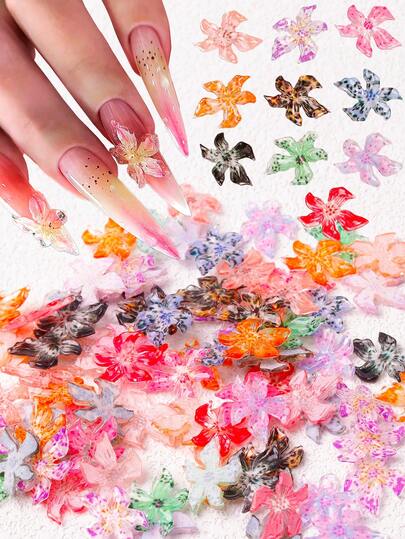 Un paquete de 50 piezas de almejas de lirio de colores mixtos, encanto artístico de 3D estilo tropical hawaiano de vacaciones en la playa, almejas de loto, almejas coloridas, diamantes, accesorios de primavera y verano de almejas, diseño de almejas en miniatura, productos hechos a mano DIY, accesorios de decoración de uñas, suministros para fiestas y bailes