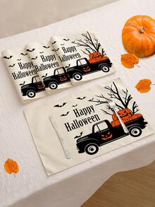 4 piezas/6 piezas/60 piezas Individuales de Halloween, individuales de lino con diseños de fantasmas de dibujos animados, castillos, arañas, murciélagos y letras, resistentes a la suciedad, aplicables para el hogar, restaurantes, decoración de mesa de comedor, artículos del hogar