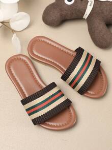 1 Pair Children Summer Woven Striped Open Toe Casual Sandals, Fashionable Flat Beach Shoes For Boys And Girls, Suitable For Daily Wear, Holiday And Travel