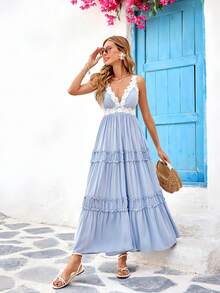 Vestido Largos Elegant Para Mujer,Vestido Tank Con Encaje Y Adornado Con Volantes,Vestido Unicolor Con Escote En V Profundo, Perfecto Para Vacaciones - Azul - Ver 4