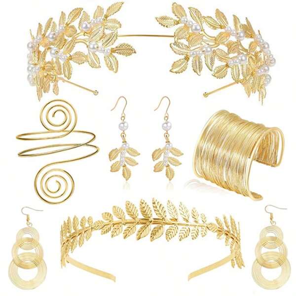4 à 14 pièces Ensemble de bijoux style rétro déesse grecque, bracelets grecs minimalistes de style bohème punk, bracelets réglables pour le haut du bras. L'ensemble comprend un bracelet de couronne de feuille dorée et des boucles d'oreilles en perle.