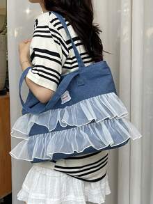 极简风格毛边字母设计牛仔帆布托特包，纯色大容量单肩包，适合女性日常使用，上班通勤书包，返校背包，经典休闲，轻便，便携，行李带设计，适合少女女大学生，非常适合返校、大学、初中、高中、开学第一天，女士西式钱包