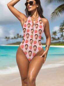 1 pieza Traje de baño personalizado para mujer, con diseño facial personalizado, traje de baño con cremallera y espalda descubierta, traje de baño rosa de cintura alta sin mangas, sexy y femenino, adecuado para piscina, playa y vacaciones, para chicas