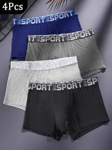 HIALEGION 4 piezas Calzoncillos deportivos para hombre con cinturilla con estampado de letras, ropa interior deportiva y de ocio de unicolor, calzoncillos tipo bóxer simples y cómodos para hombres